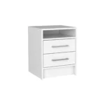 White two-piece bedroom set with dresser and armoire featuring metal handles and manufactured wood construction