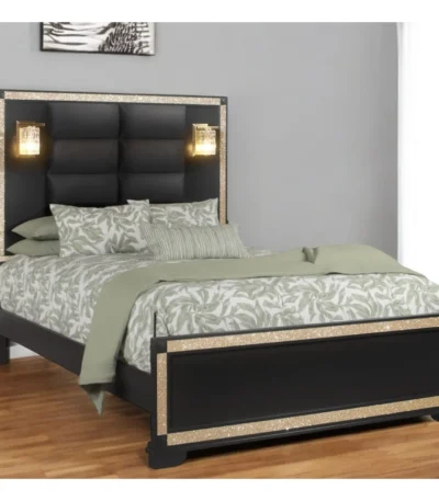 Goldoma Queen Bed Frame with Black Faux Crystal Bling and LED Lights