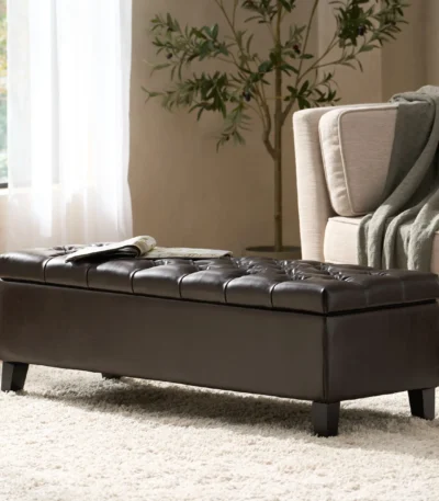 Goldoma dark brown faux leather tufted convertible storage ottoman with hidden storage compartment