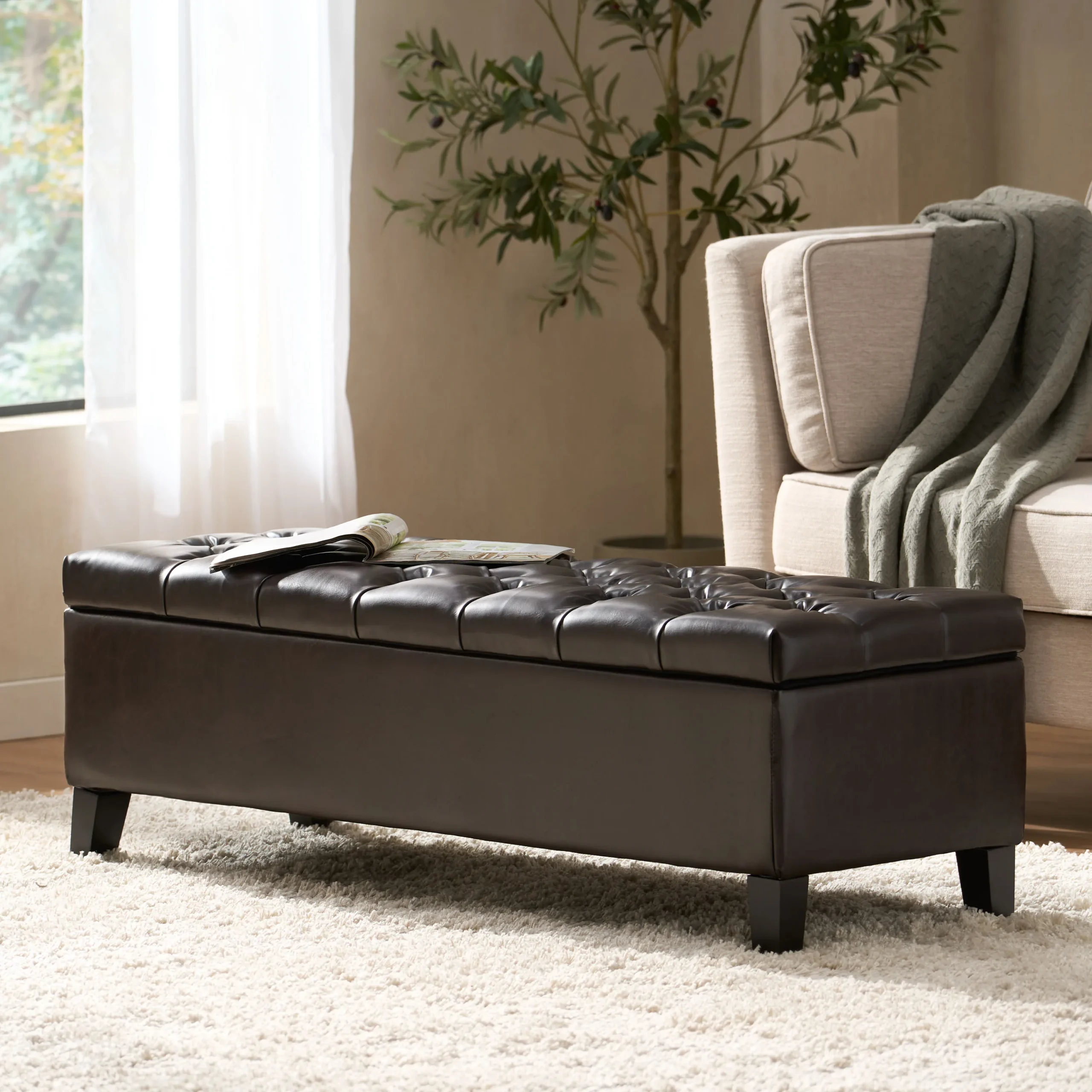 H8f2a38f0bbbd46e1926589a1b80b80dfS.webp Goldoma dark brown faux leather tufted convertible storage ottoman with hidden storage compartment