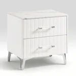 White two-drawer nightstand with faux marble top and chrome legs in a modern bedroom setting