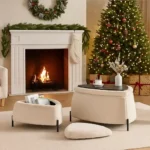 Goldoma 2-piece faux fur storage ottoman set with black metal legs used as a coffee table in a modern living room