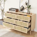 Modern European rattan dresser with six drawers and solid oak handles in a bedroom