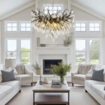 Modern black chandelier with crystal accents in a dining room setting