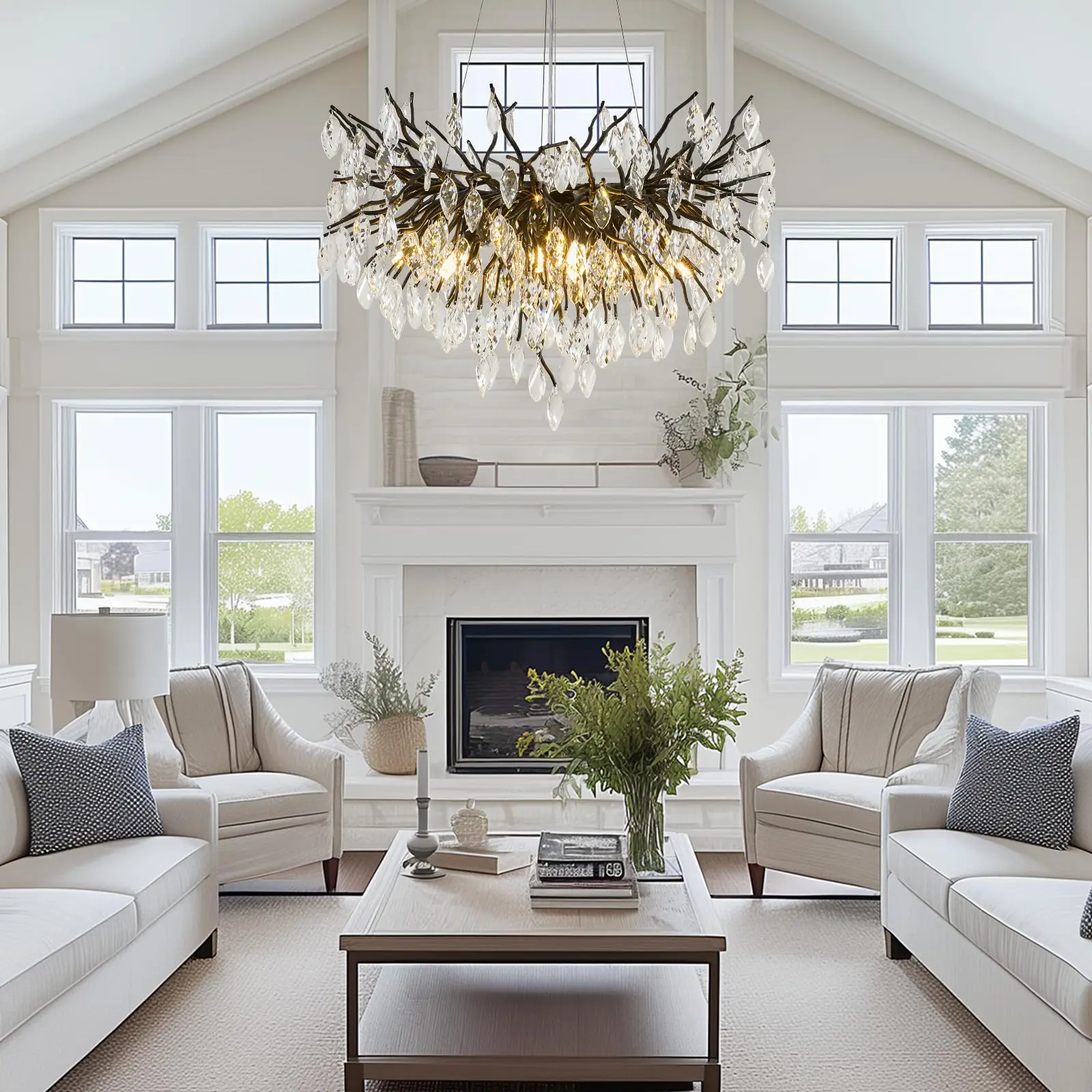 Modern black chandelier with crystal accents in a dining room setting