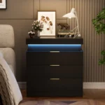 Modern LED nightstand with three drawers and blue glow in bedroom setting