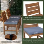 Modern acacia wood dining set with four chairs and adjustable legs on a backyard patio