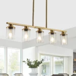 37" Modern Industrial 5-Light Chandelier with Clear Glass Shades, Golden Metal Frame Hanging Ceiling Light Fixture (No