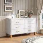 Modern 6-Drawer Double Dresser White with Metal Handles and Solid Wood Legs – side view