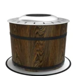 Brown fire pit with glowing flames in a backyard setting