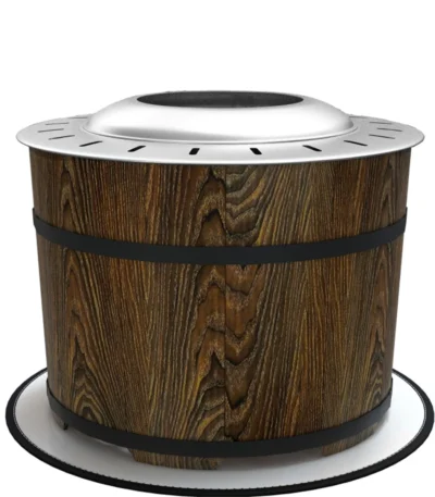 Brown fire pit with glowing flames in a backyard setting