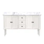 White bathroom vanity with double sinks, plywood construction, in a contemporary bathroom with mirror and lighting.