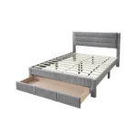 Goldoma queen storage bed with gray corduroy headboard and pine wood frame featuring under-bed drawers