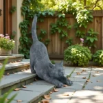 Hand-painted stretching cat statue in garden setting