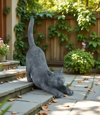 Hand-painted stretching cat statue in garden setting