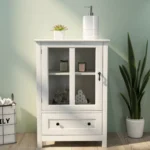 Buffet Storage Cabinet with Double Glass Doors and Unique Bell Handle, 1 Drawer White MDF Freestanding Sideboard - Image 8