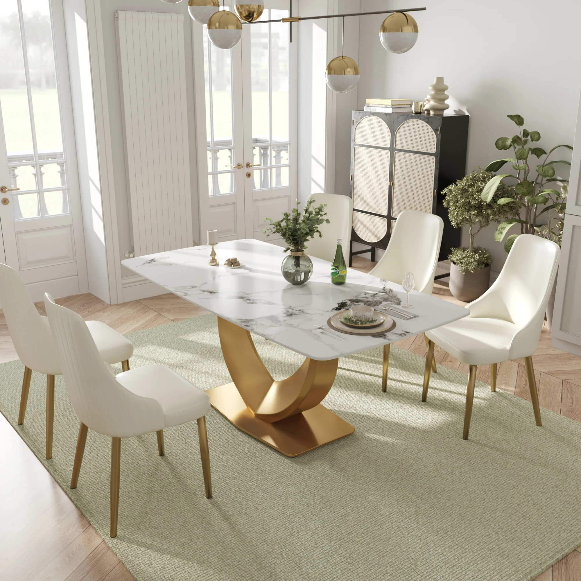 H9033119d688a44878a5afcda1624ff40W.webp Modern sintered stone marble dining table in a rectangular shape seating six, perfect for a contemporary dining room