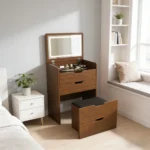 3-in-1 solid wood vanity desk with lighted mirror and flip-top storage stool in a modern bedroom setting