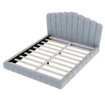 Goldoma queen bed frame with velvet upholstered shell-shaped headboard in light blue