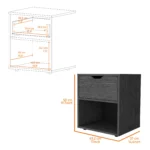 Light gray nightstand with drawer and open shelf in a modern bedroom setting