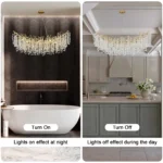 Modern large crystal chandelier in gold finish hanging over dining table