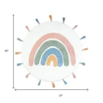 Vibrant rainbow bath mat with white, blue, and pink stripes in a round shape on a bathroom floor