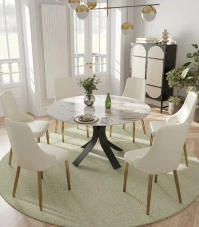 Goldoma luxury rotating dining table with sintered stone marble top and metal legs in a modern dining room