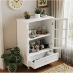 Modern Minimalist White Wooden Sideboard Cabinet with Double Glass Doors Drawer for Living Room Dining Room Hallway Entryway
