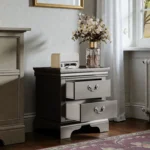 Classic wooden nightstand black with two drawers in a bedroom setting