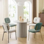 Modern round wood pedestal dining table for 4 in oak finish
