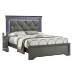 Goldoma Dark Gray Faux Leather Tufted Queen Bed with LED Lights, Solid Wood Frame – side view