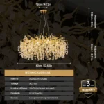 Modern crystal chandelier with gold leaves and clear crystals in a luxury living room