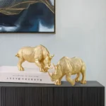 Golden Rhino Ornament with Horn - Modern Resin Home & Office Decor, Cartoon-Style Indoor Decoration for Living Room