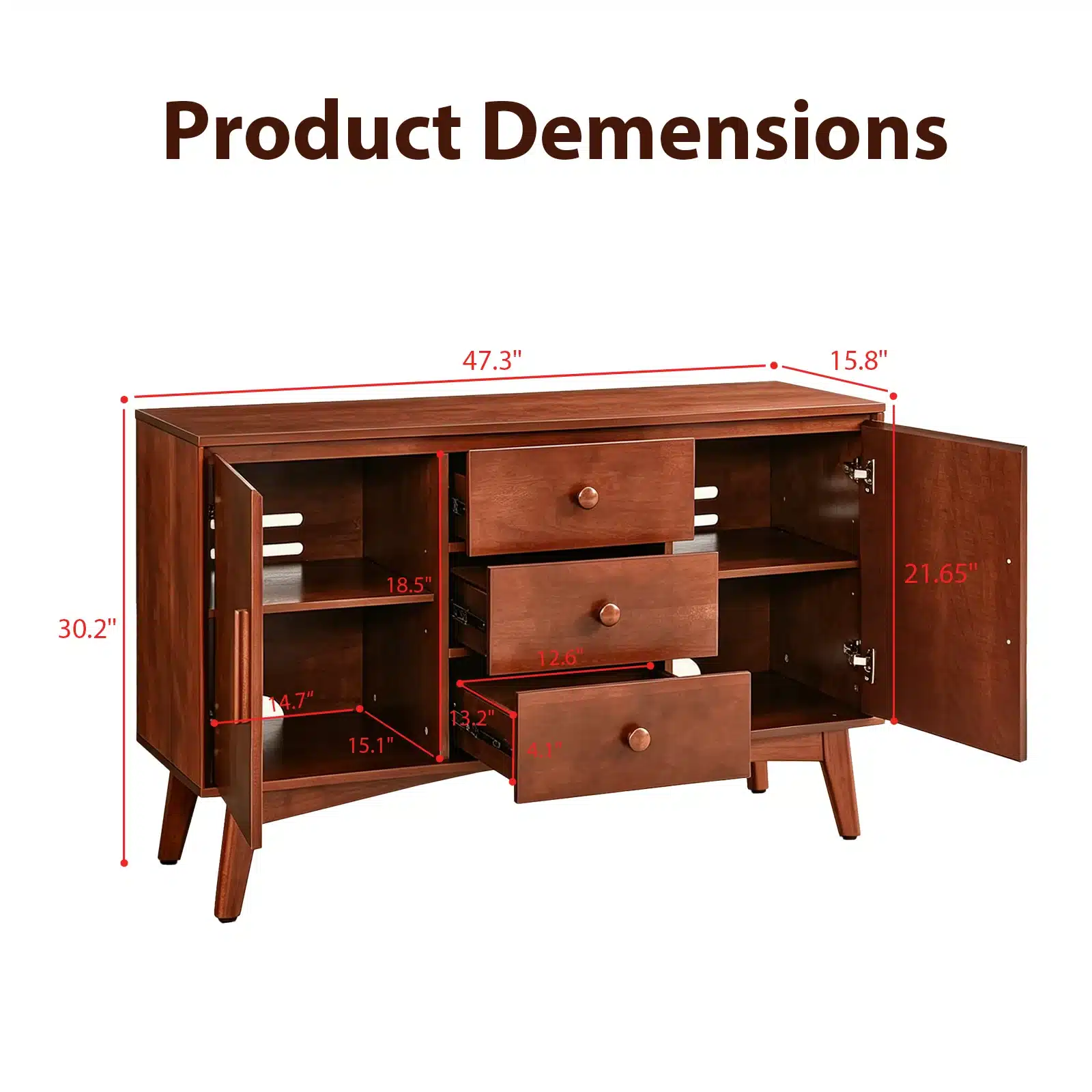 OE HOME 47.3" Mid Century Modern Sideboard Buffet Cabinet MDF Frame Legs Wooden Handles 2 Doors 3 Drawers-Kitchen/Dining Living