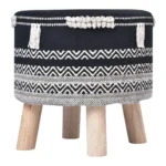 Goldoma 16-inch round chevron ottoman in black and white cotton upholstery with wooden legs