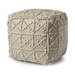 Goldoma 18 inch ivory wool knubby geometric cube pouf ottoman with leather handle