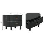 Modern minimalist black nightstand with two drawers and wood handles beside a bed in a contemporary bedroom