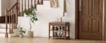Mid-century shoe storage bench with memory foam cushion and hidden drawer in natural wood finish