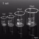 Set of four glass lab measuring cups with 5ml, 10ml, 25ml, and 50ml capacities arranged on a white surface