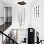 Modern Dimmable 6-Light LED Chandelier, Black Rectangle Pendant Light with Remote for High Ceiling, Staircase, Foyer,
