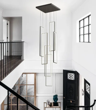 Modern Dimmable 6-Light LED Chandelier, Black Rectangle Pendant Light with Remote for High Ceiling, Staircase, Foyer,