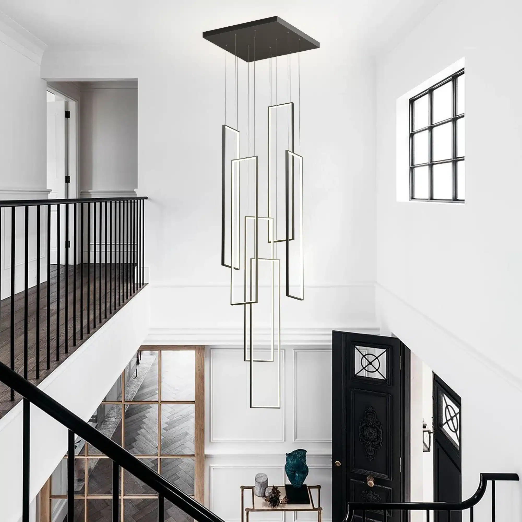 Modern Dimmable 6-Light LED Chandelier, Black Rectangle Pendant Light with Remote for High Ceiling, Modern Dimmable 6-Light LED Chandelier, Black Rectangle Pendant Light with Remote for High Ceiling, Staircase, Foyer,