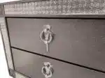 Glam Modern Nightstand with 2 Drawers, Nickel Ring Pulls and Acrylic Trim, Gray – styled in a modern Nightstands setting