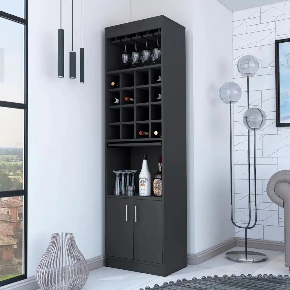 HMS 24" Black Stainless Steel Bar Cabinet Eighteen Glass Shelves Classical Display Cabinet for Home Furniture Living Room Villa