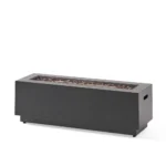 Outdoor propane fire pit in dark grey rectangular iron with glowing flames