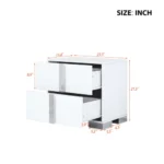 Goldoma white mirrored nightstand with two drawers and metal feet in a modern bedroom setting