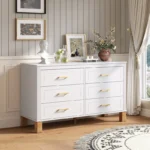 Goldoma M 6-Drawer Double Dresser in white with solid wood legs, modern storage cabinet for bedroom organization