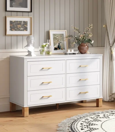 Goldoma M 6-Drawer Double Dresser in white with solid wood legs, modern storage cabinet for bedroom organization