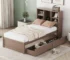 Twin Bed Frame with Storage Drawers & Bookcase Headboard | Solid Walnut Wood - Goldoma