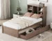 Twin Bed Frame with Storage Drawers & Bookcase Headboard | Solid Walnut Wood - Goldoma